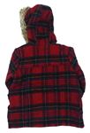 Červeno-čierno-petrolejový kockovaný vlnený zateplený kabát s kapucňou zn. Next