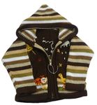 Hnědo-béžový pruhovaný propínací svetr s obrázky a kapucí 