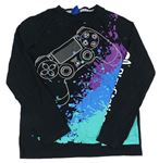 Černo-modro-světletyrkysovo-purpuové triko s ovladačem - PlayStation a skvrnkami
