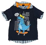 Tmavomodré tričko s dinosaurem a všitou kostkovanou košilí  Kiki&Koko