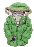 Zelená šusťáková prošívaná zimní bunda s obrázky a kapucí Topolino
