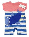 Růžovo-modro-bílý kraťasový overal s pruhy a žralokem F&F