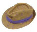 Béžový slaměný klobouk s fialovým pruhem a plameňáky  