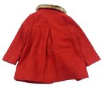 Červený vzorovaný vlnený podšitý kabát s kožušinovým golierikom zn. George