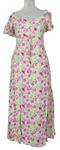 Dámské růžovo-světlezelené květované lněné šaty Primark 