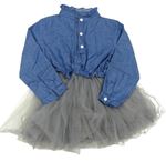 Modro-šedé riflovo/tylové šaty 