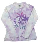 Levandulovo-bílé batikované UV triko s palmami a nápisem H&M