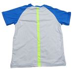 Bielo-modré športové funkčné tričko s neónově zelenymi pruhmi a nápisom zn. Decathlon