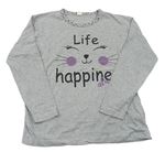 Šedé pyžamové triko s kočkou a nápisem