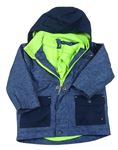 3v1 - Tmavomodrá melírovaná šusťáková celoroční bunda s kapucí + Zelená fleecová mikina Topomini