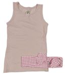 2 set - Světlerůžová košilka + bílo-růžová kostkovaná čelenka s mašlí 