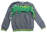 Tmavošedý melírovaný svetr s krokodýlkem a pruhy F&F