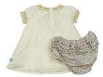 2Set - Smotanové bodkovaná é šaty s barevnou výšivkou + bílo/barevné kytičkované plátěné kalhotky na plenky s volánikmi zn. Mothercare