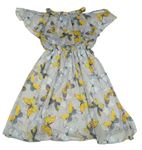 Šedo-žluté žoržetové šaty s motýlky a volánkem 