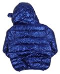 Tmavomodrá šušťáková prešívaná zimná bunda s kapucňou