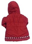 Tmavočervený šušťákový zimný kabát s vločkami a srdiečkami a kapucňou zn. Mothercare