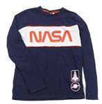 Tmavomodro-bílé pruhované triko s raketou a nápisem - NASA