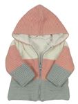Růžovo-bílo-šedý třpytivý žebrovaný propínací zateplený svetr s kapucí 