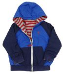 Modrá/pruhovaná šusťáková/tepláková oboustranná bunda s kapucí 