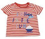 Červeno-bílé pruhované tričko s nápisy a rybičkami a lodičkou miniclub