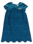Modrozelené krajkovo/sametové slavnostní šaty s mašlí s broží CAMILLA