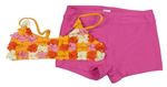 Oranžovo-neonově růžové dvoudílné plavky s 3D květy