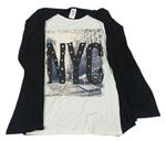 Smotanové tričko s potlačou a písmenky - New York a černým cardiganem zn. C&A