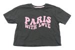 Tmavošedé crop tričko s růžovým nápisem Primark