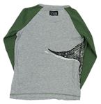 Šedo-khaki melírované tričko s dinosaurom