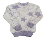 Bílo-lila chlupatý svetr s hvězdami 