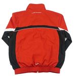 Červená šušťáková jarná bunda s prúžkami a výšivkou