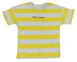 Šedo-žluté pruhované tričko s nápisem Matalan