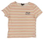 Růžovo-bílo-žluté pruhované žebrované crop tričko s nápisem New Look