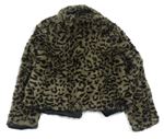 Tmacošedo-černý chlupatý podšitý crop kabátek s leopardím vzorom zn. Tu