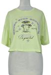Dámské limetkové crop tričko s houbami a nápisy Primark 