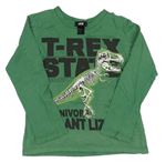 Tmavozelené triko s kostrou dinosaura a nápisy H&M