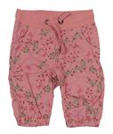 Růžové květované plátěné kalhoty s úpletovým pasem Papagino