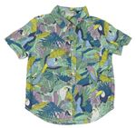 Zeleno-fialovo-petrolejová lněná košile s listy a papoušky