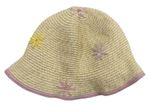 Béžovo-růžový slaměný klobouk s kytičkami a třpytkami George