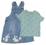 2set - Světlemodré riflové laclové šaty s králíky + světlezelené žebrované květované tričko M&S