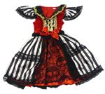 Kostým - Černo-bílo-červené pruhované saténo/sametové šaty s lebkami a krajkou a mašlí 