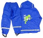 2Set - Cobaltově modrá pláštěnka s dinosaurem - T-REX a kapucí + nepromokavé nohavice