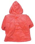 Neonově korálový sametový zateplený kabátek s kapucňou