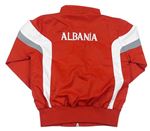 Červená šušťáková športová bunda s pruhmi a výšivkou - Albania zn. Macron