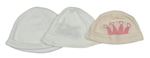 3x bavlněná čepice bílá, růžovo-bílá pruhovaná s korunkou