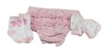 3set- růžové kalhotky, bílé rukavice s kočičkami, bielo-ružové ponožky