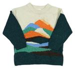 Smetanovo-tmavozelený vlněný svetr s horami H&M