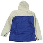 Béžovo-modrá šušťáková zateplená bunda s nápisom a kapucňou