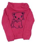 Růžový pletený svetr s kočkou a komínovým límcem kids