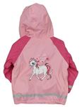Ružovo-svetloružová nepromokavá jarná bunda s jednorožcom a kapucňou